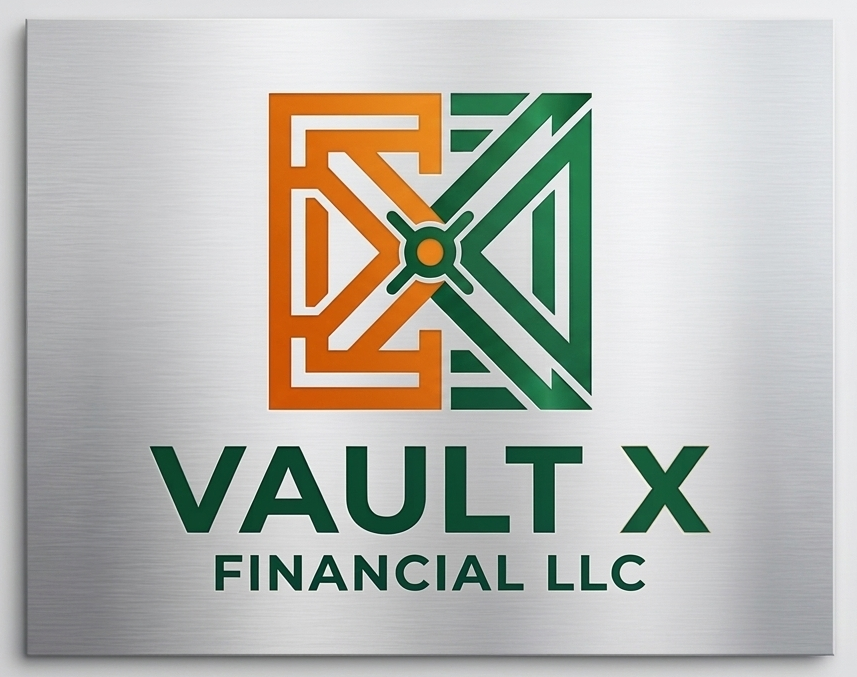 Vault X Financial LLC logo on a brushed metal plaque featuring an orange-green geometric emblem and bold green text.